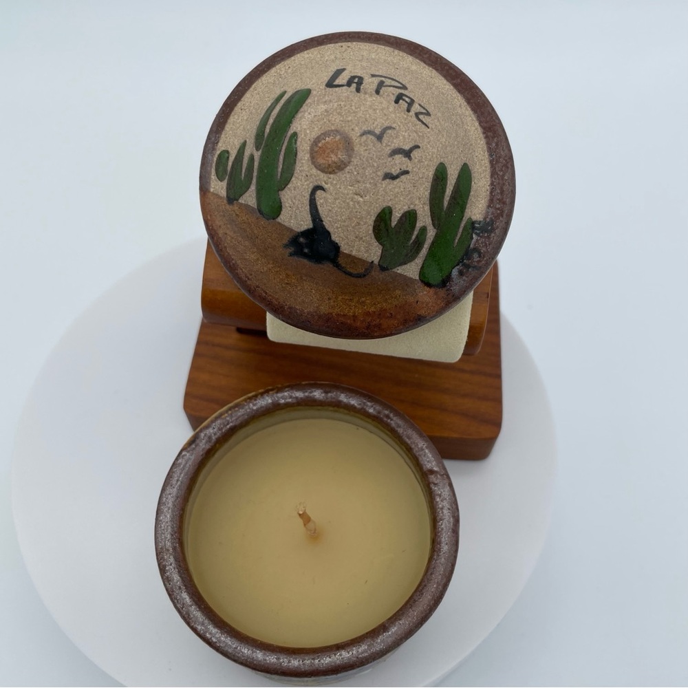 Vintage Hand Painted Pottery Votive Covered Candle Signed La Paz Desert Mexico